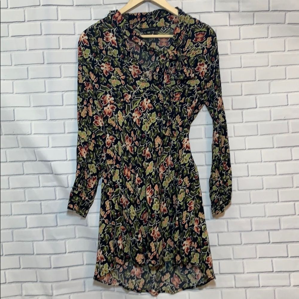Zara Woman Tie Neck Black Floral Dress Sz S